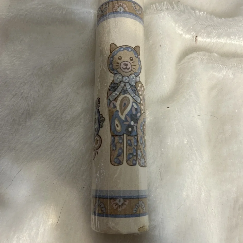 Vintage Paisley Cat Wallpaper Border Blue Tan Folk Art 5 Yards OH923 Lot 2A